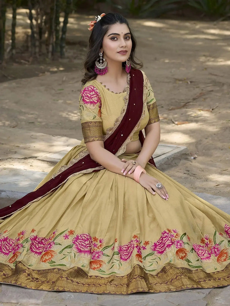 Stunning Cream Embroidered Cotton Traditional Half Saree Lehenga