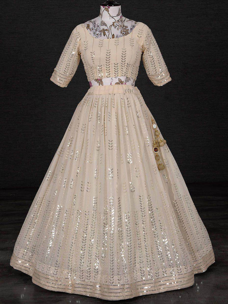 Alluring Cream Sequins Embroidered Georgette Festive Lehenga Choli