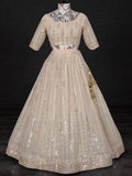Alluring Cream Sequins Embroidered Georgette Festive Lehenga Choli