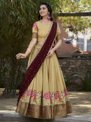 Stunning Cream Embroidered Cotton Traditional Half Saree Lehenga
