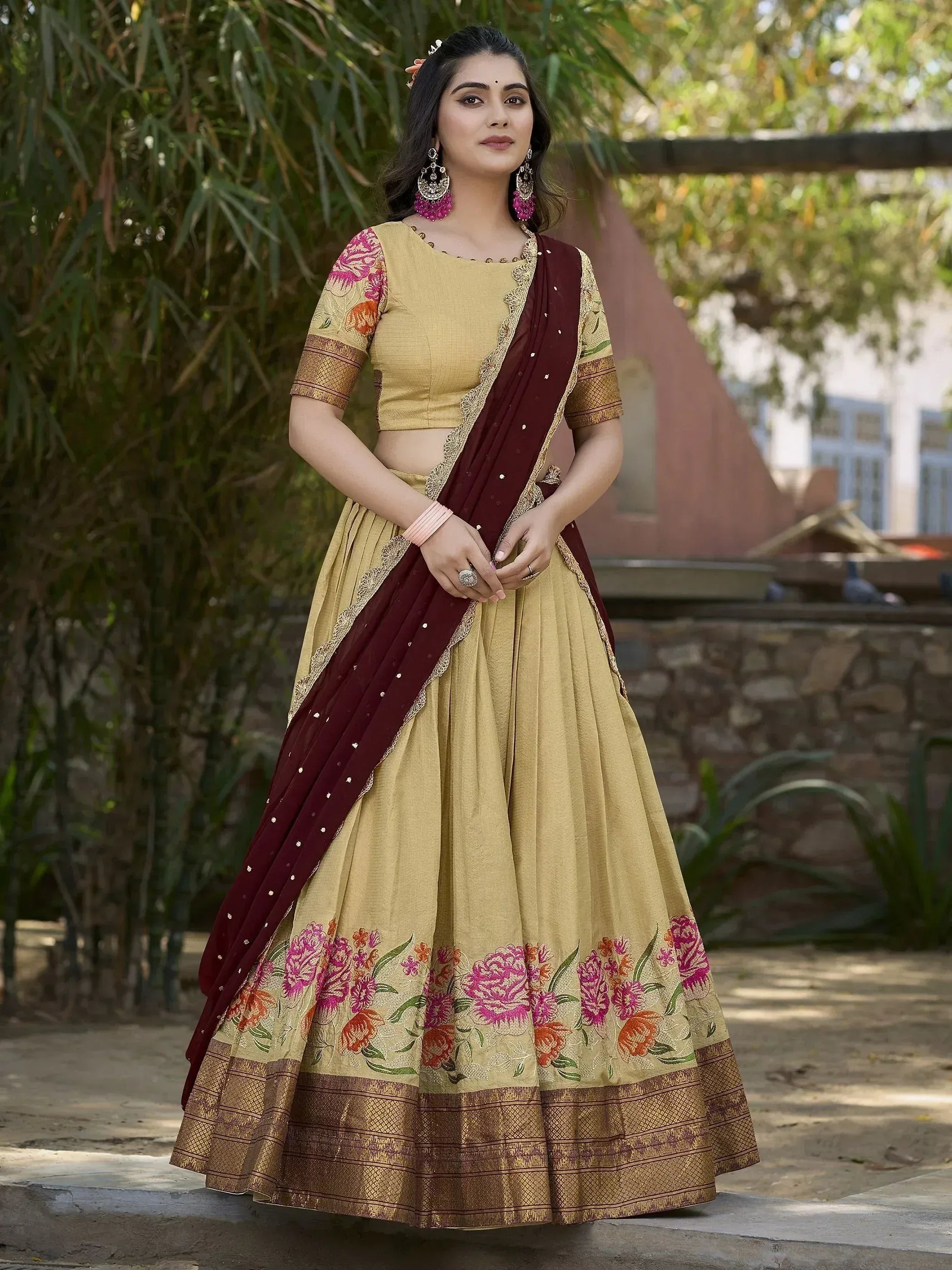 Mustard floral lehenga choli with maroon dupatta, ethnic Indian wear for women