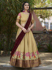 Stunning Cream Embroidered Cotton Traditional Half Saree Lehenga
