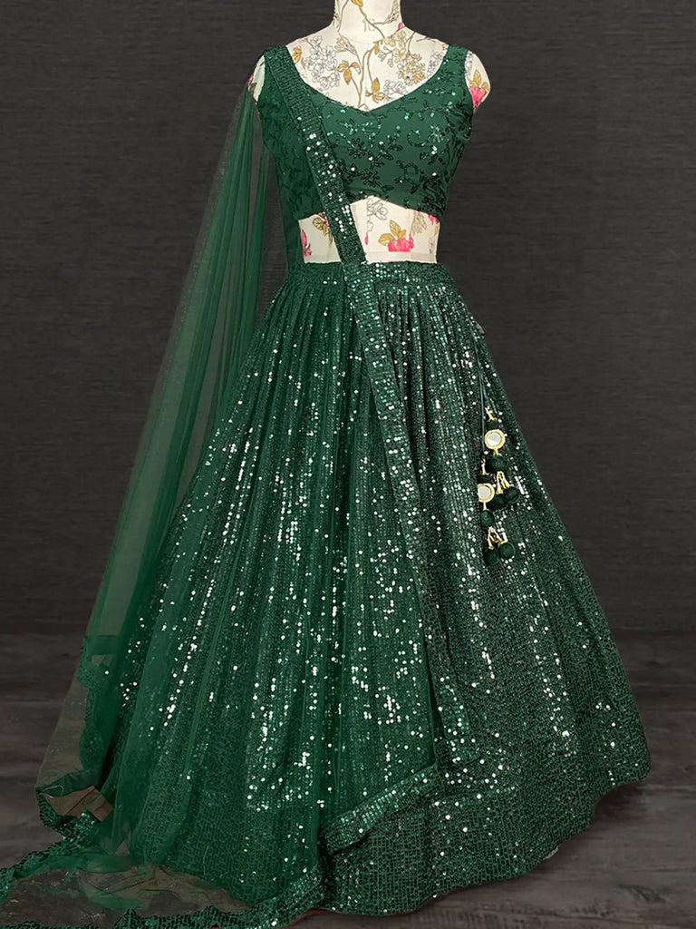 Stunning Green Sequins Embroidered Georgette Party Wear Lehenga Choli