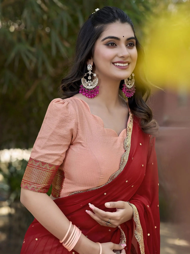 Attractive Peach Embroidered Cotton Event Wear Half Saree Lehenga