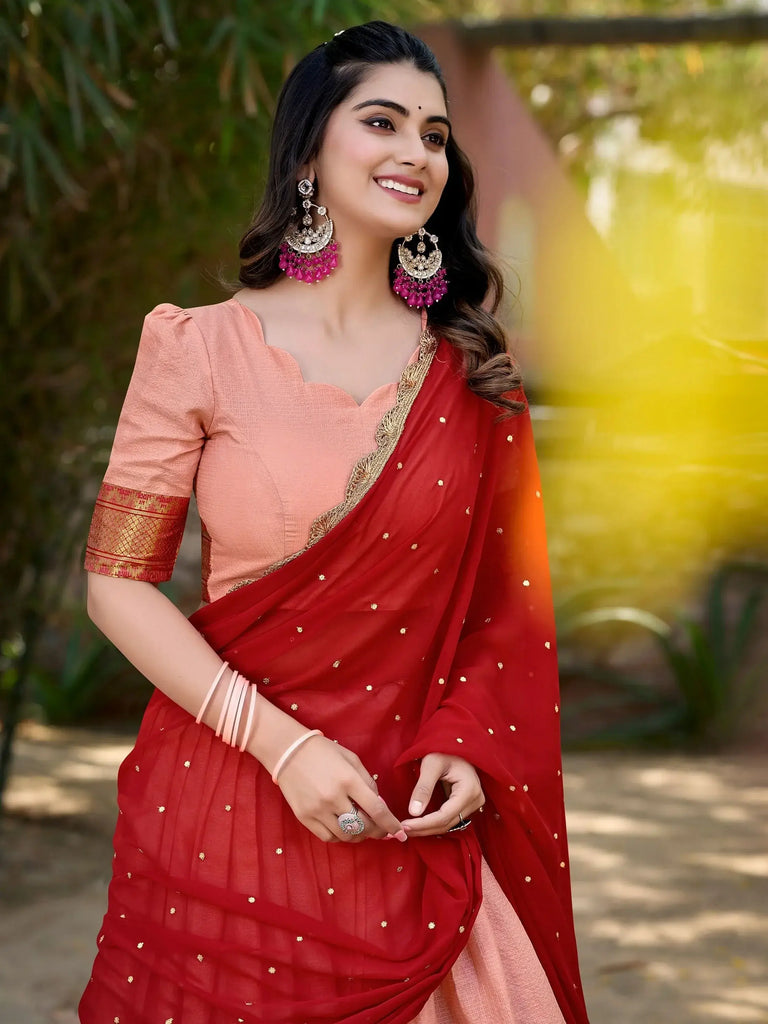 Attractive Peach Embroidered Cotton Event Wear Half Saree Lehenga
