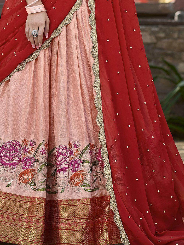 Attractive Peach Embroidered Cotton Event Wear Half Saree Lehenga