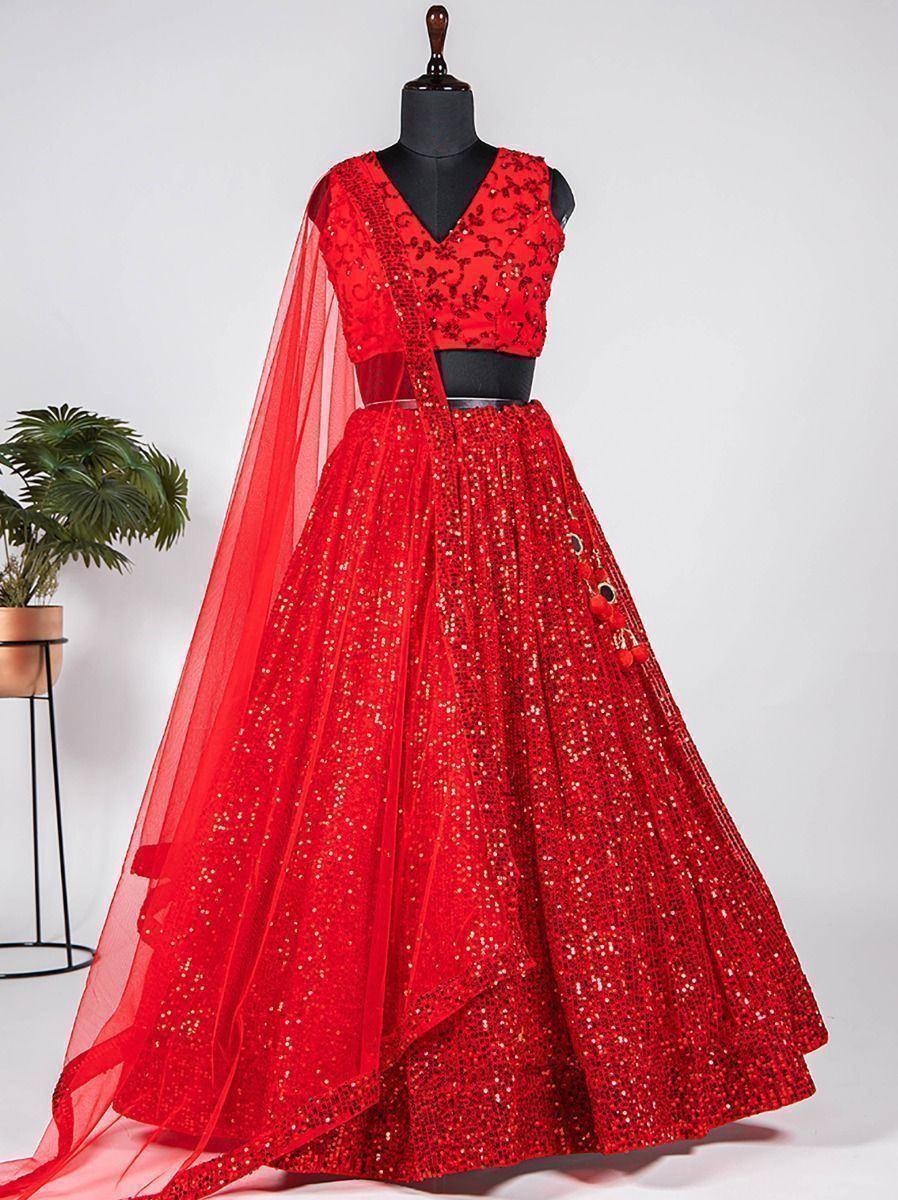 Red sequined lehenga choli with sheer dupatta, Indian ethnic wear for weddings and festivals