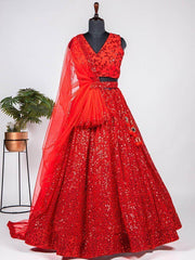 Glamorous Red Sequined Georgette Sangeet Wear Lehenga Choli