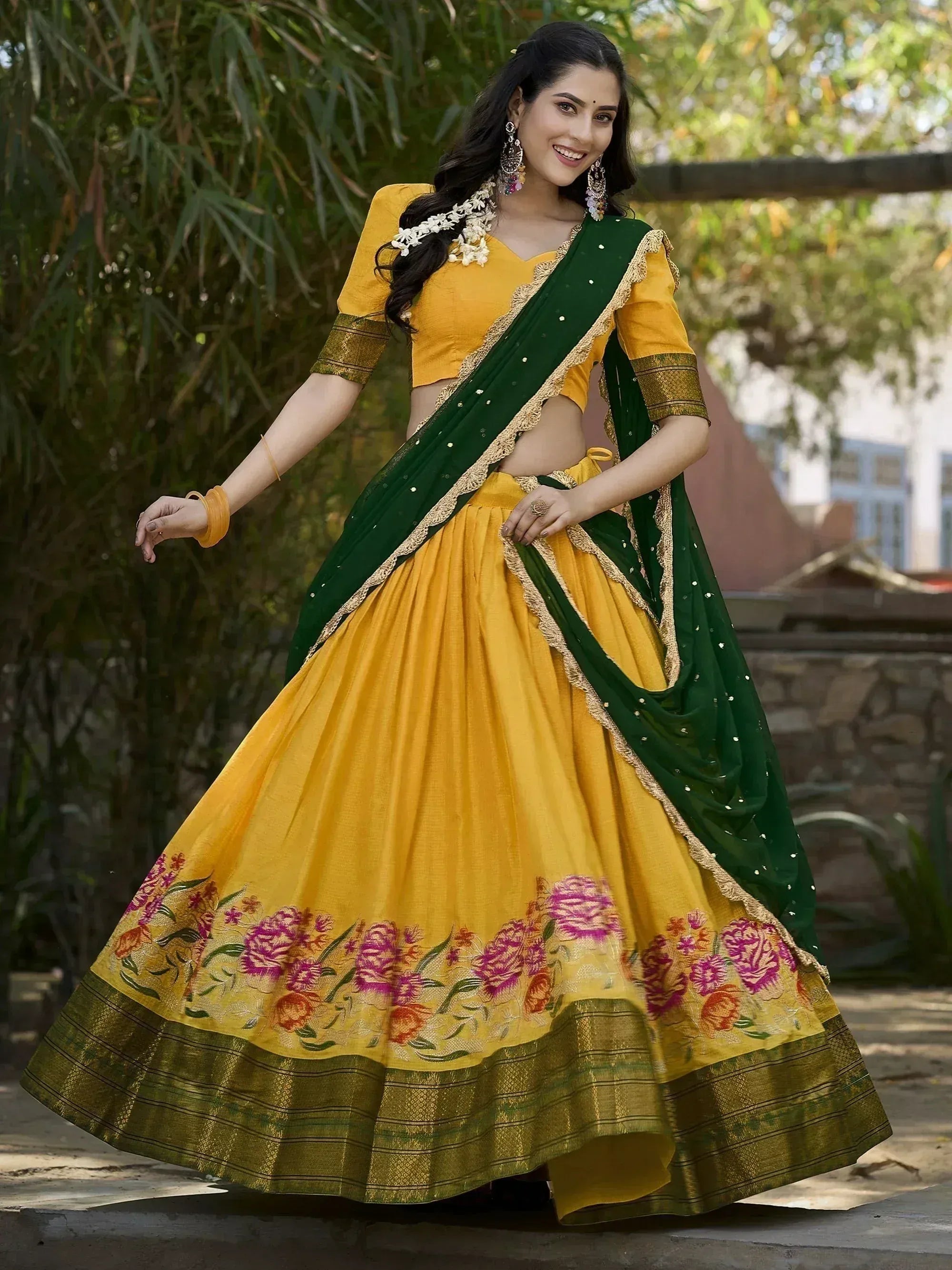 Yellow lehenga choli with green dupatta, floral embroidery, perfect for Indian ethnic wear occasions