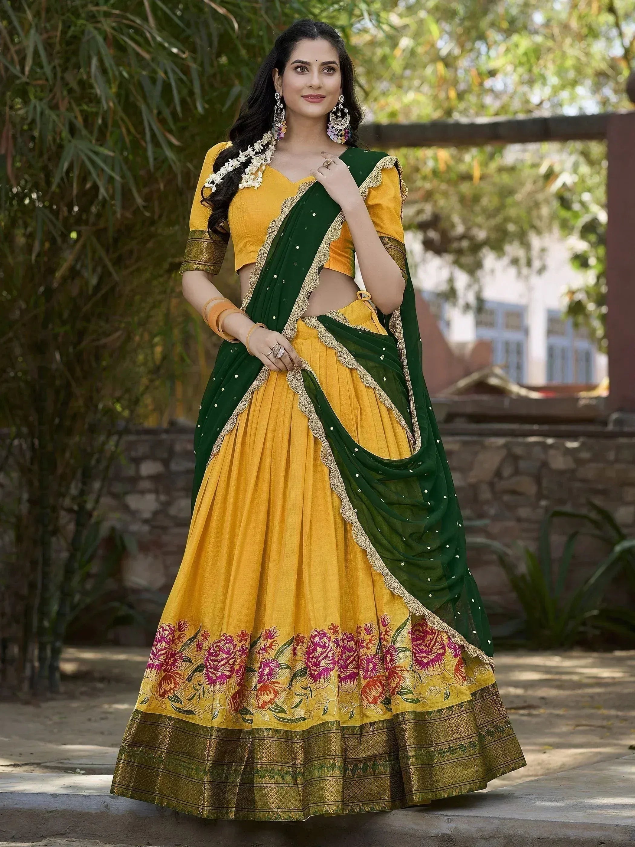 Yellow lehenga choli with green dupatta, floral embroidery, perfect for Indian ethnic wear occasions