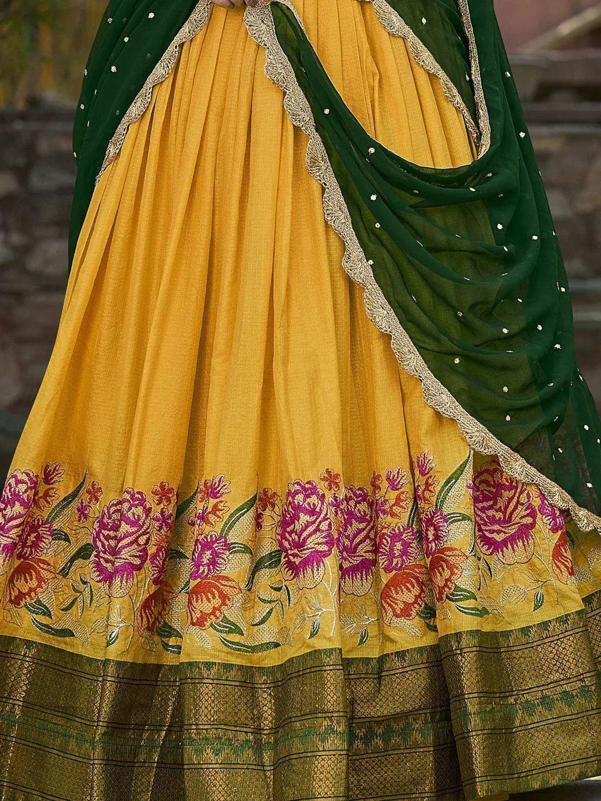 Yellow lehenga with floral embroidery and green dupatta, Indian ethnic wear