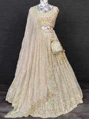 Attractive Cream Sequins Embroidered Georgette Wedding Wear Lehenga Choli