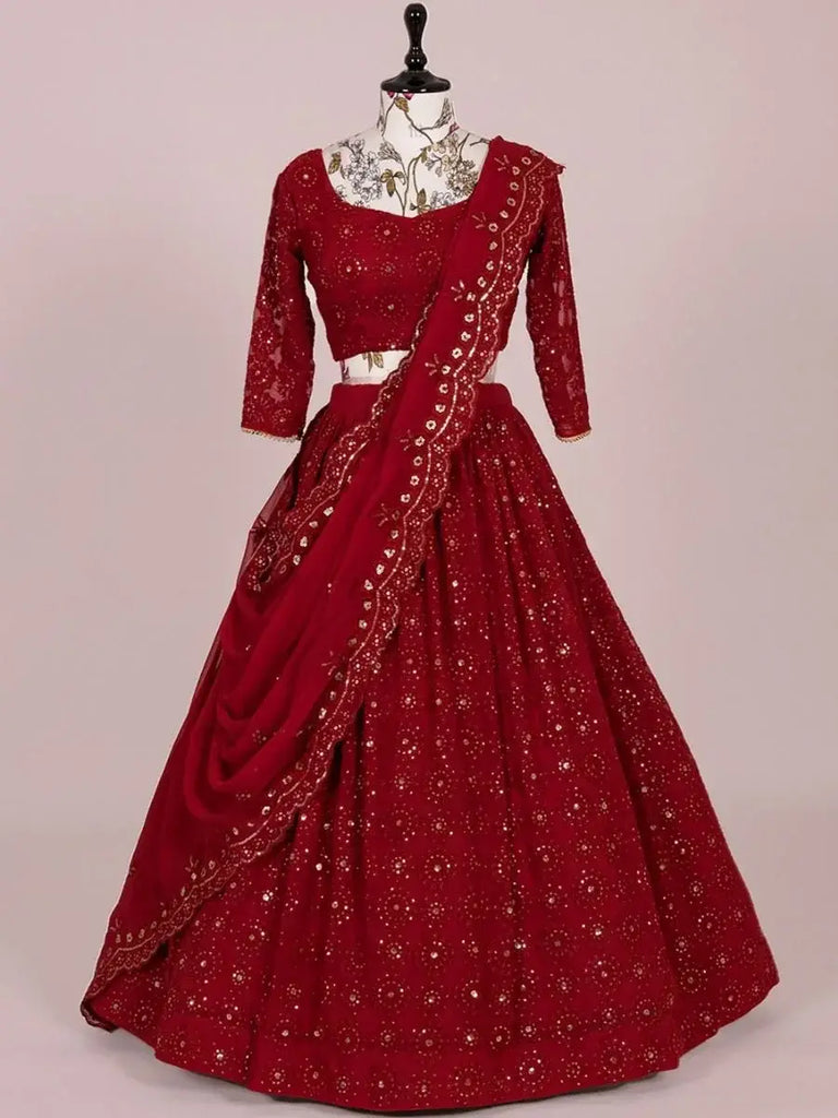 Phenomenal Red Sequined Embroidery Georgette Lehenga Choli