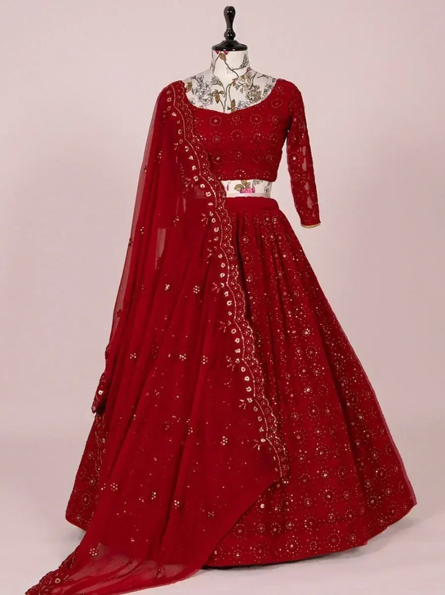 Red embroidered lehenga choli with sheer dupatta, Indian ethnic wear for weddings and festivals