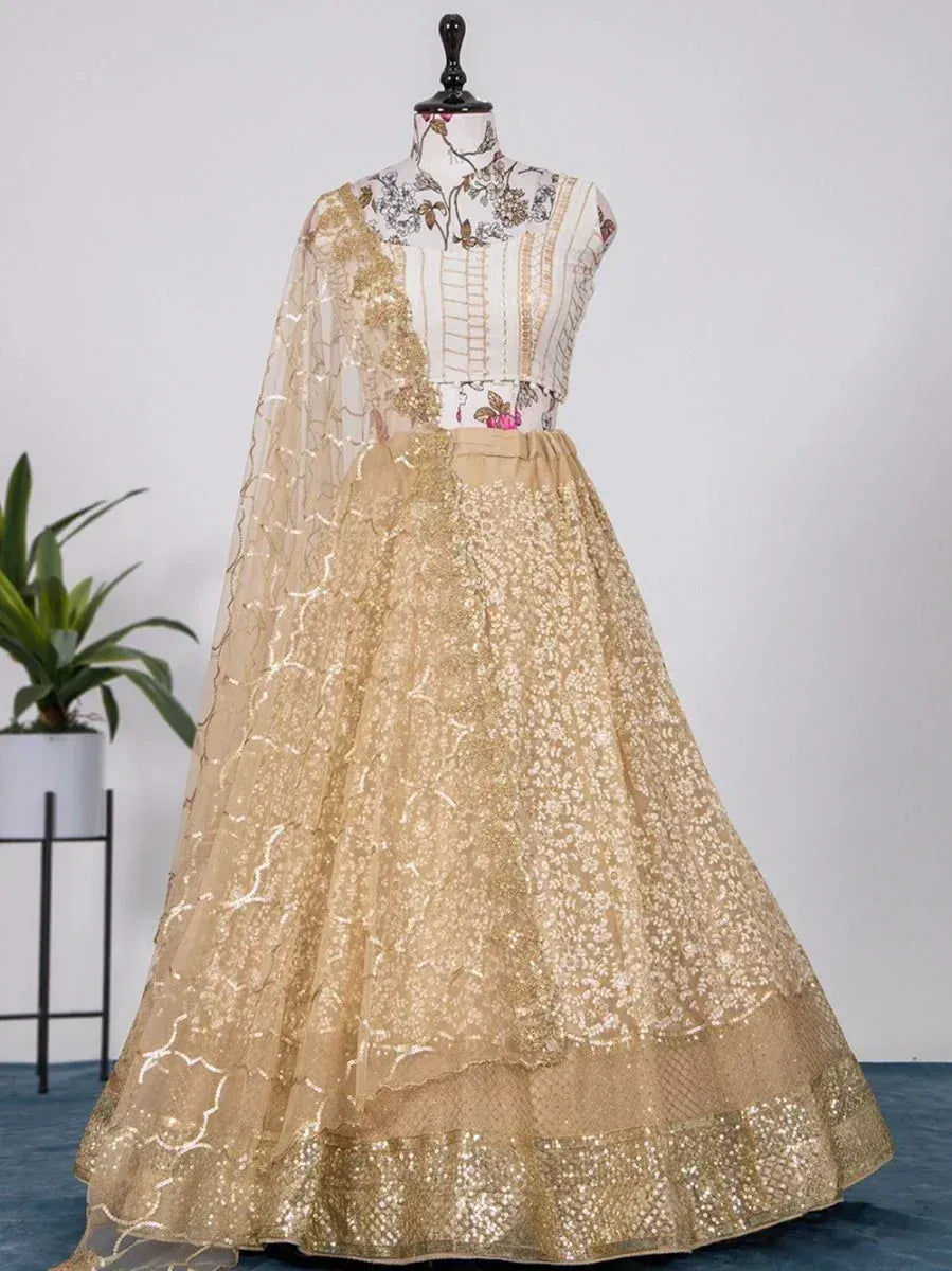 Gold embroidered lehenga choli with floral blouse and sheer dupatta, Indian ethnic wear