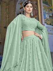 Astonishing Sea Green Sequins Embroidered Georgette Lehenga Choli