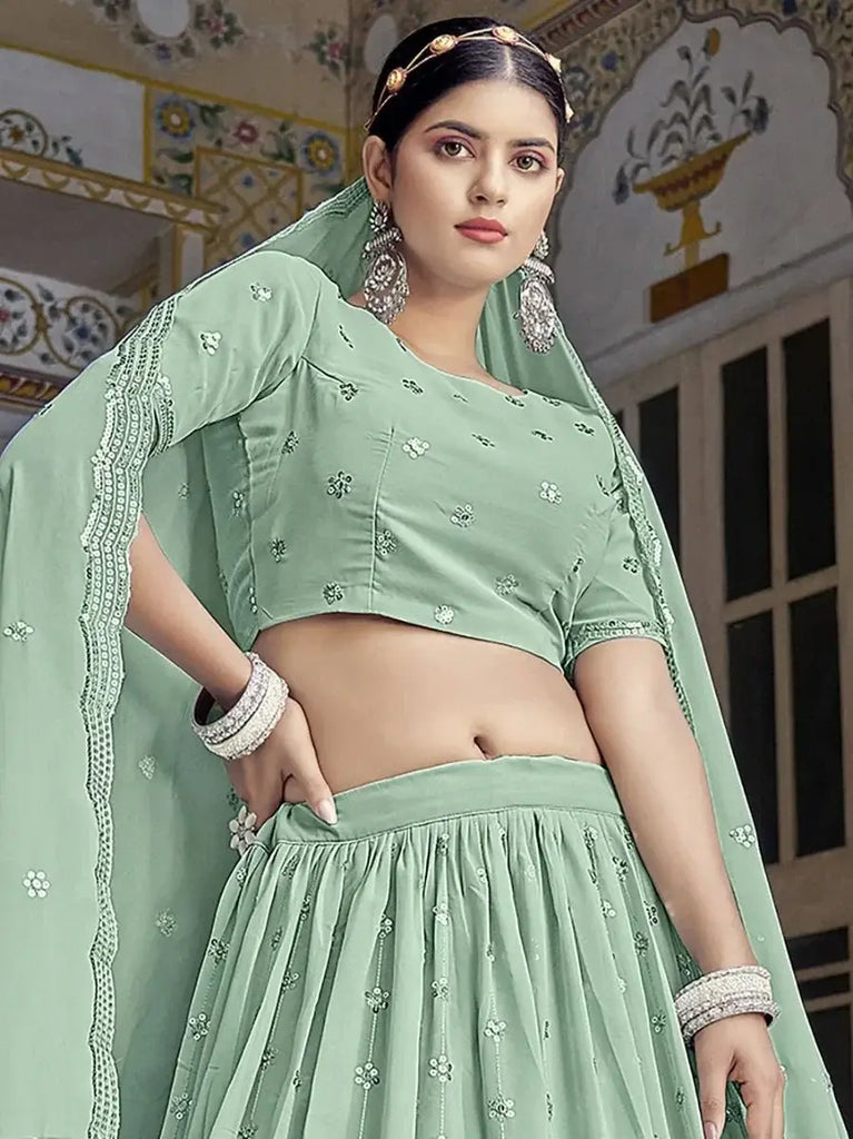 Astonishing Sea Green Sequins Embroidered Georgette Lehenga Choli
