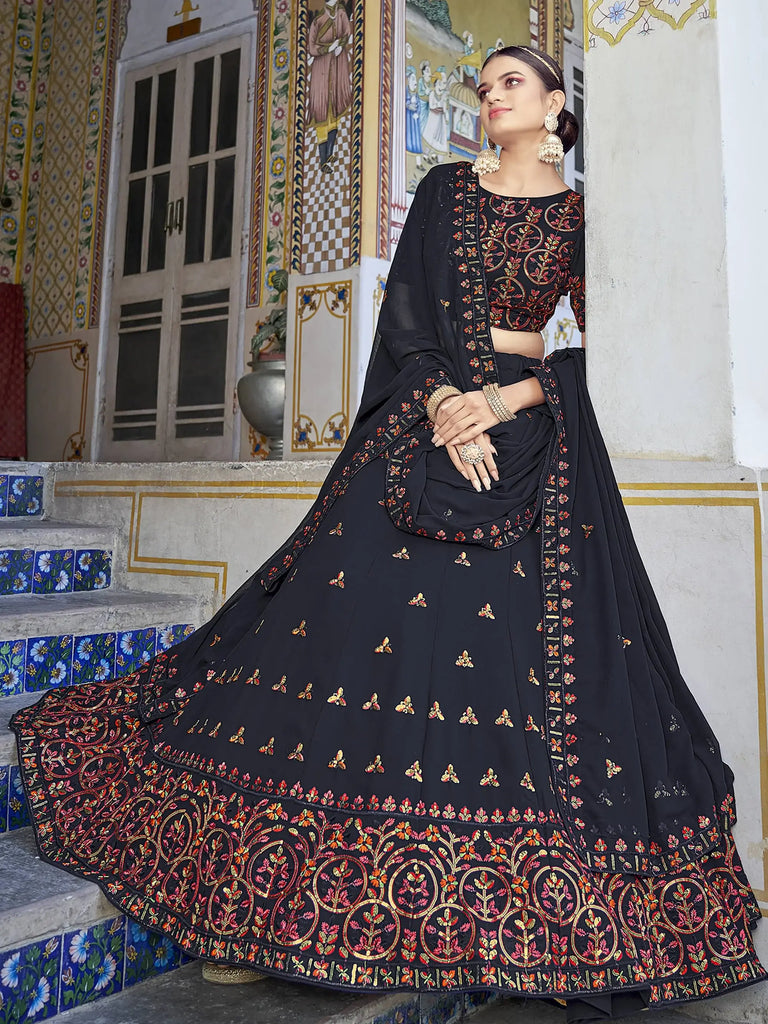 Phenomenal Navy Blue Sequins Embroidered Georgette Lehenga Choli