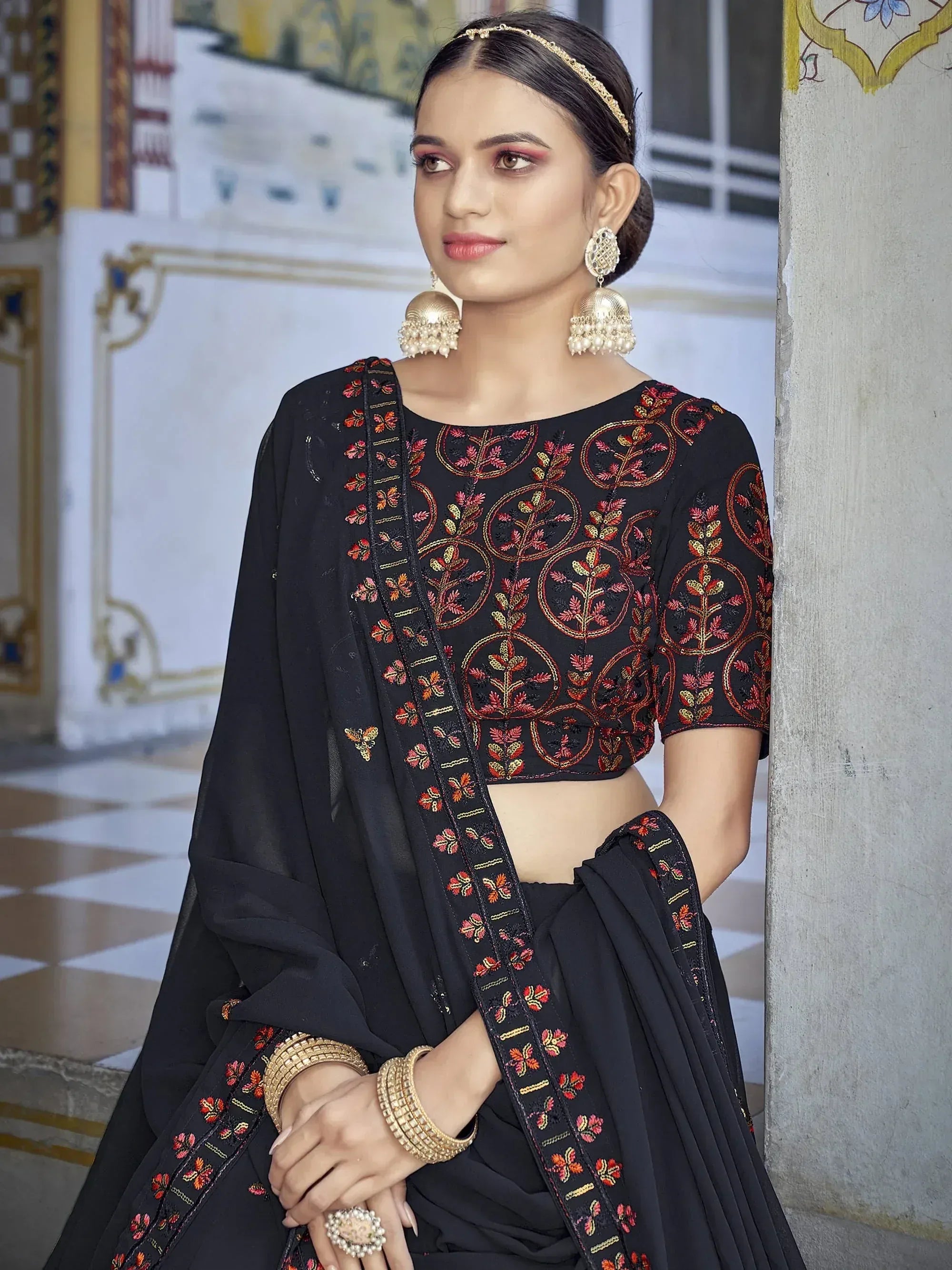 Phenomenal Navy Blue Sequins Embroidered Georgette Lehenga Choli