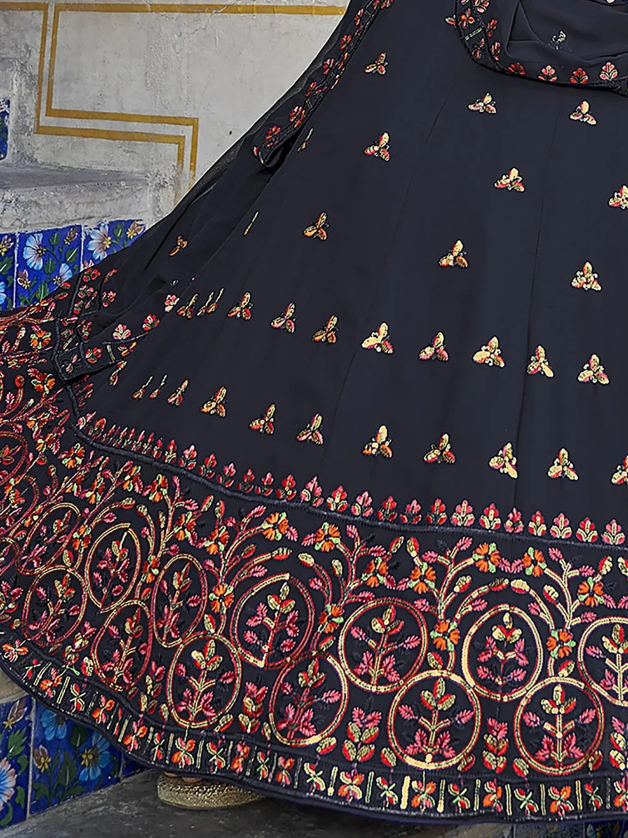 Phenomenal Navy Blue Sequins Embroidered Georgette Lehenga Choli