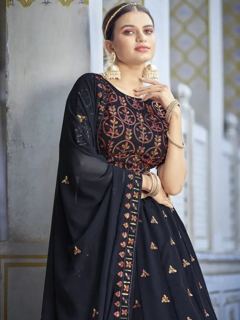 Phenomenal Navy Blue Sequins Embroidered Georgette Lehenga Choli