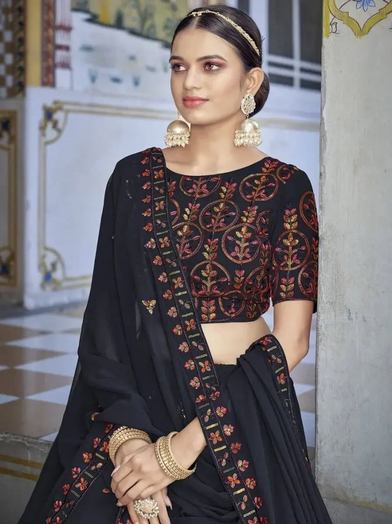 Phenomenal Navy Blue Sequins Embroidered Georgette Lehenga Choli