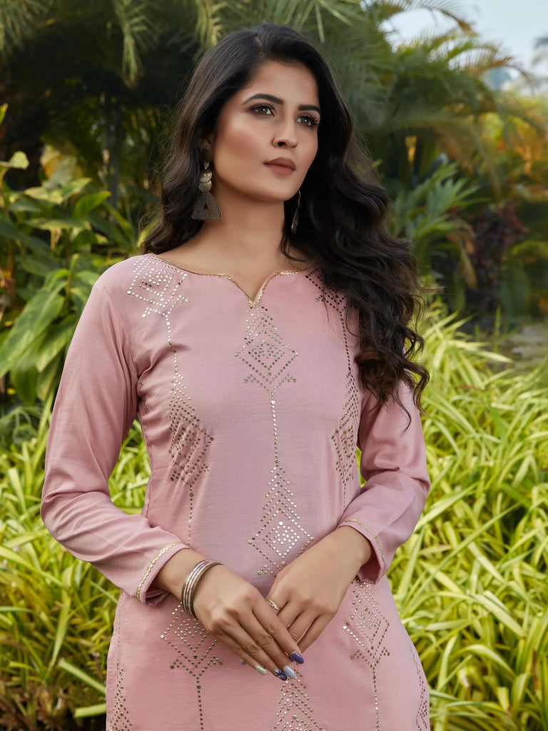 Pretty Pink Cotton Mukaish Work Casual Wear Kurti