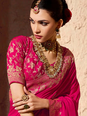 Stylish Pink Zari Weaving Georgette Wedding Saree With Blouse
