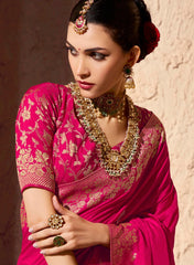 Stylish Pink Zari Weaving Georgette Wedding Saree With Blouse