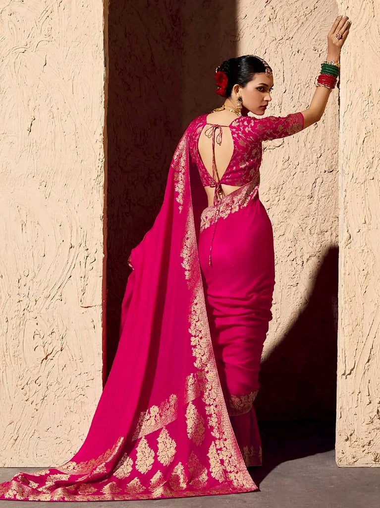 Stylish Pink Zari Weaving Georgette Wedding Saree With Blouse