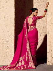 Stylish Pink Zari Weaving Georgette Wedding Saree With Blouse