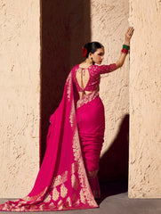Stylish Pink Zari Weaving Georgette Wedding Saree With Blouse