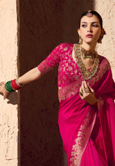 Stylish Pink Zari Weaving Georgette Wedding Saree With Blouse