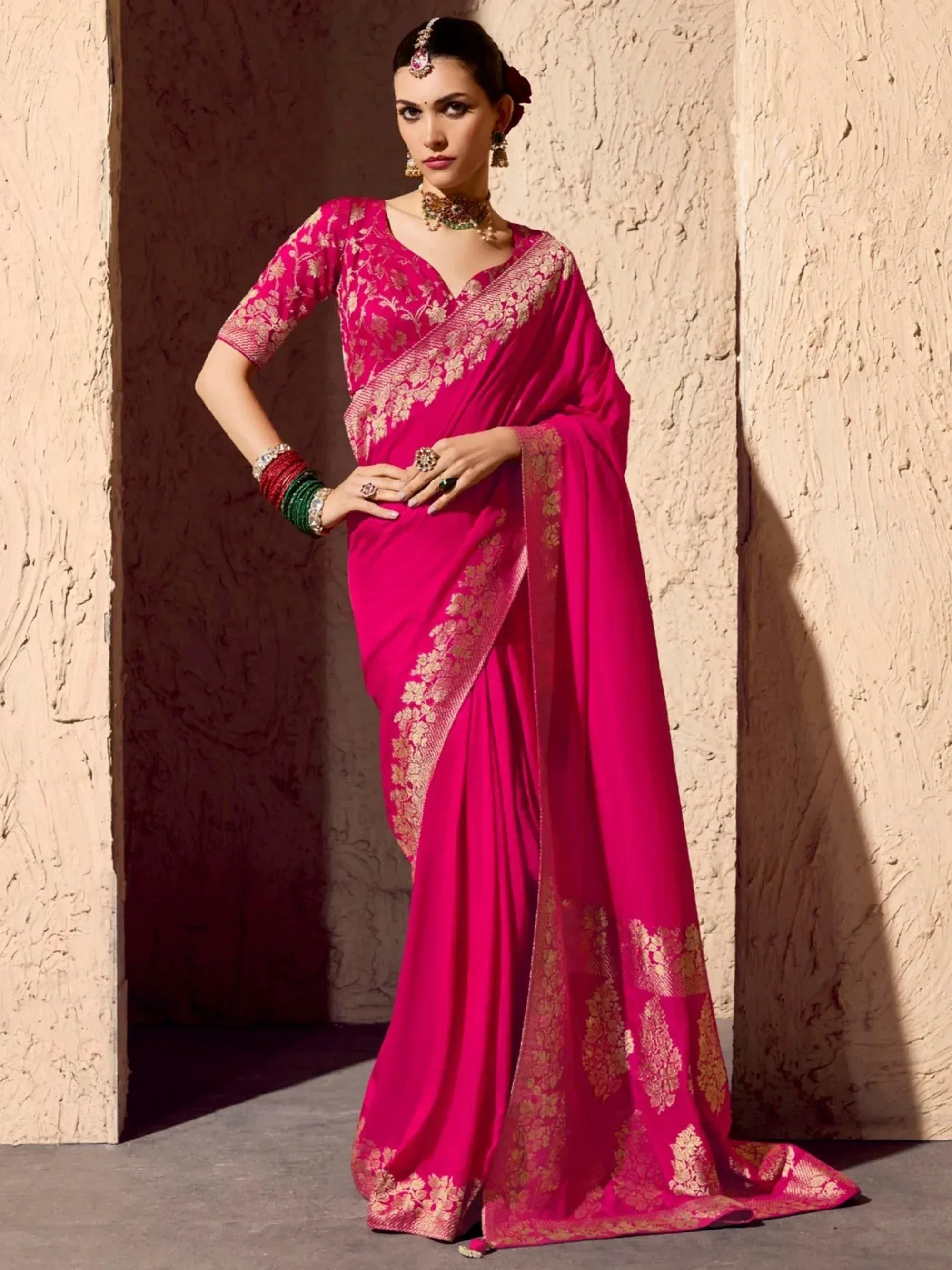 Stylish Pink Zari Weaving Georgette Wedding Saree With Blouse