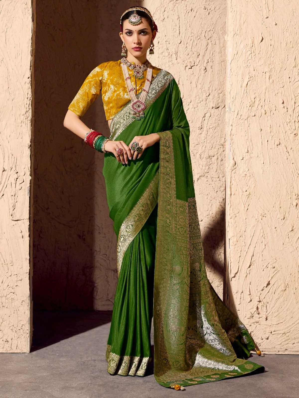 Stunning Green Zari Weaving Georgette Festival Saree With Blouse