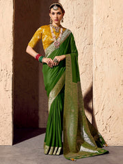 Stunning Green Zari Weaving Georgette Festival Saree With Blouse