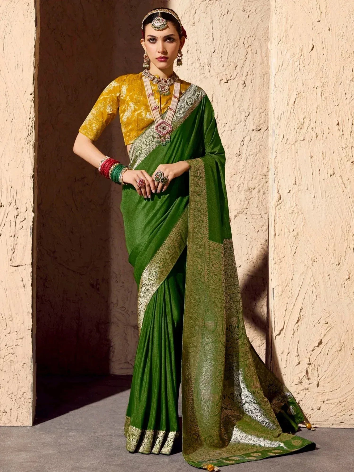 Stunning Green Zari Weaving Georgette Festival Saree With Blouse