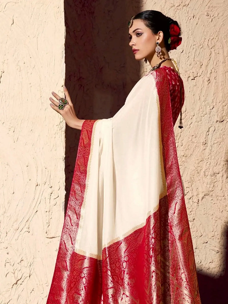 Stunning White Zari Weaving Georgette Festive Wear Saree With Blouse