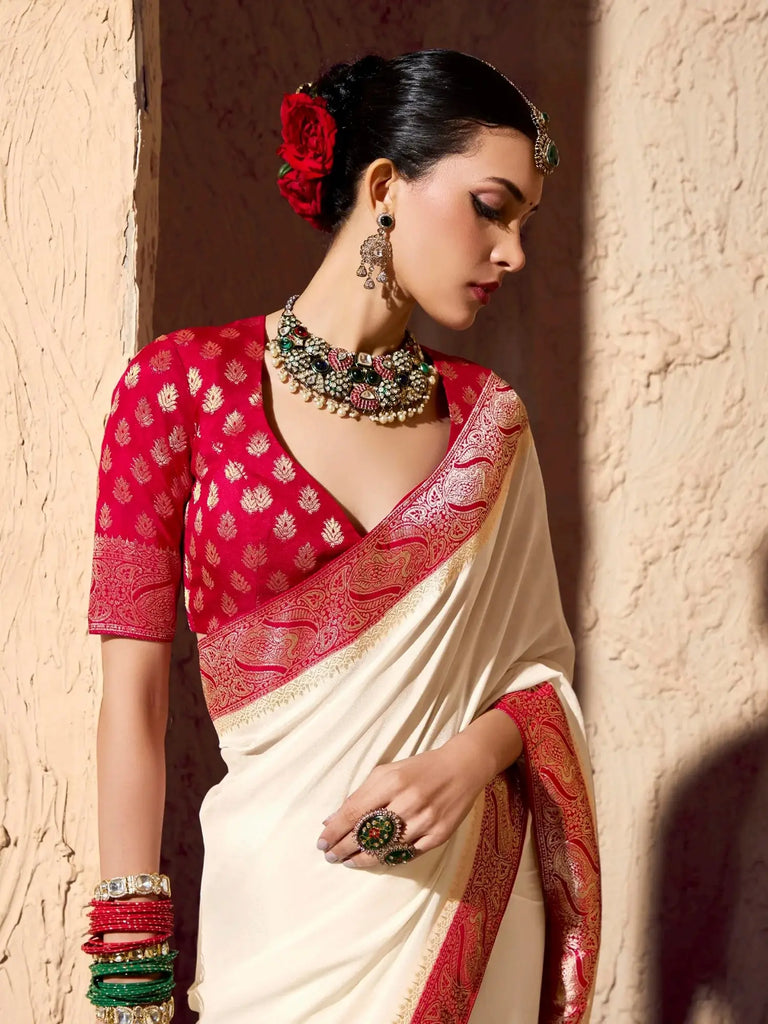 Stunning White Zari Weaving Georgette Festive Wear Saree With Blouse