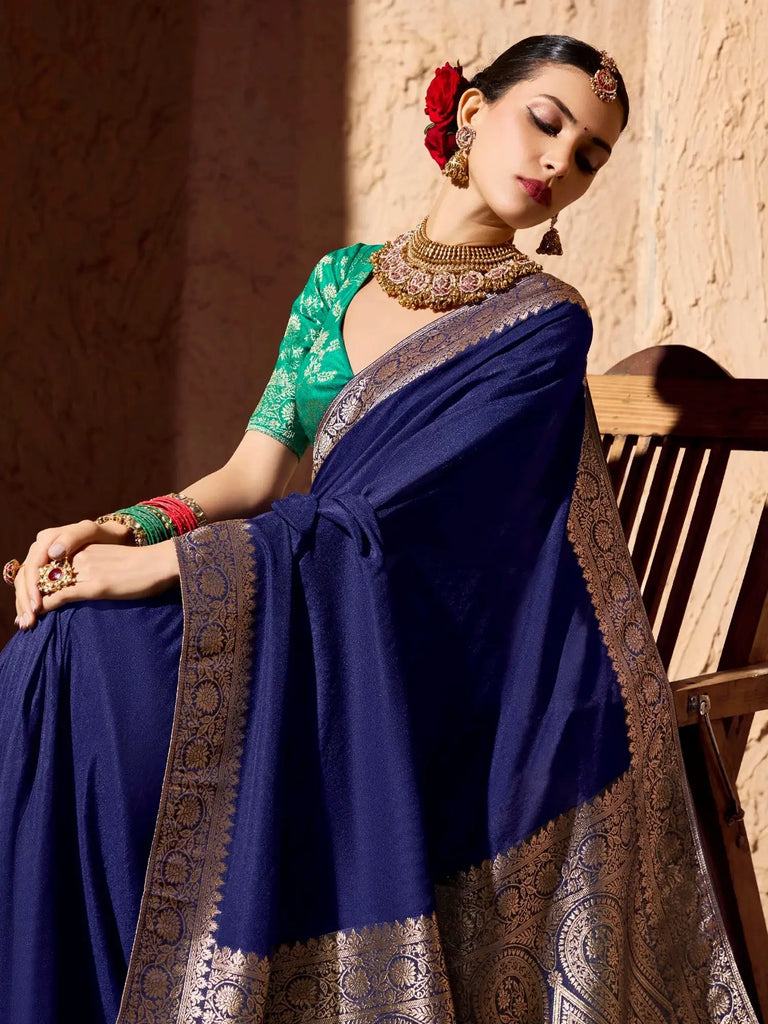 Amazing Blue Zari Weaving Georgette Wedding Wear Saree With Blouse
