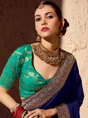 Amazing Blue Zari Weaving Georgette Wedding Wear Saree With Blouse