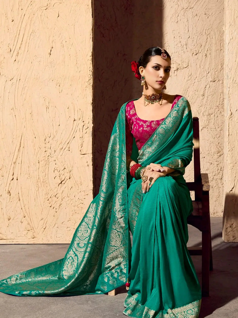 Awesome Green Zari Weaving Georgette Wedding Wear Saree With Blouse