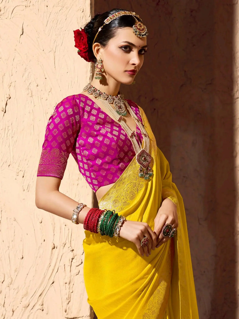 Fantastic Yellow Zari Weaving Georgette Haldi Wear Saree With Blouse