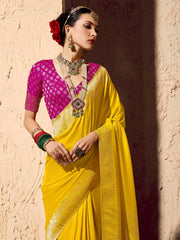Fantastic Yellow Zari Weaving Georgette Haldi Wear Saree With Blouse