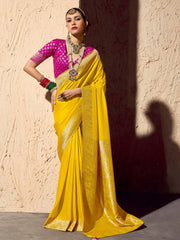 Fantastic Yellow Zari Weaving Georgette Haldi Wear Saree With Blouse
