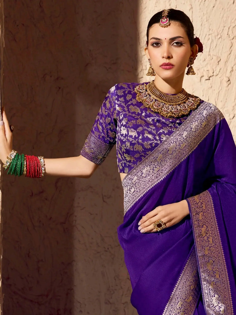 Stunning Purple Zari Weaving Georgette Wedding Wear Saree With Blouse