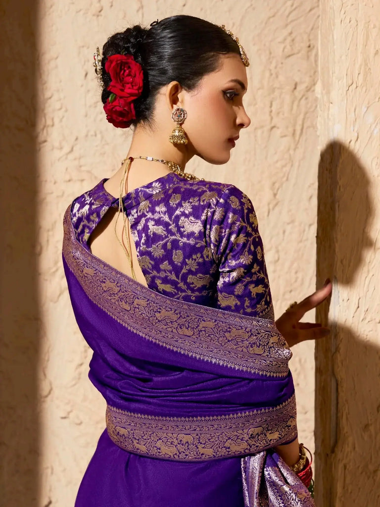Stunning Purple Zari Weaving Georgette Wedding Wear Saree With Blouse