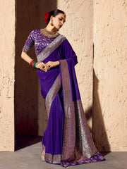 Stunning Purple Zari Weaving Georgette Wedding Wear Saree With Blouse