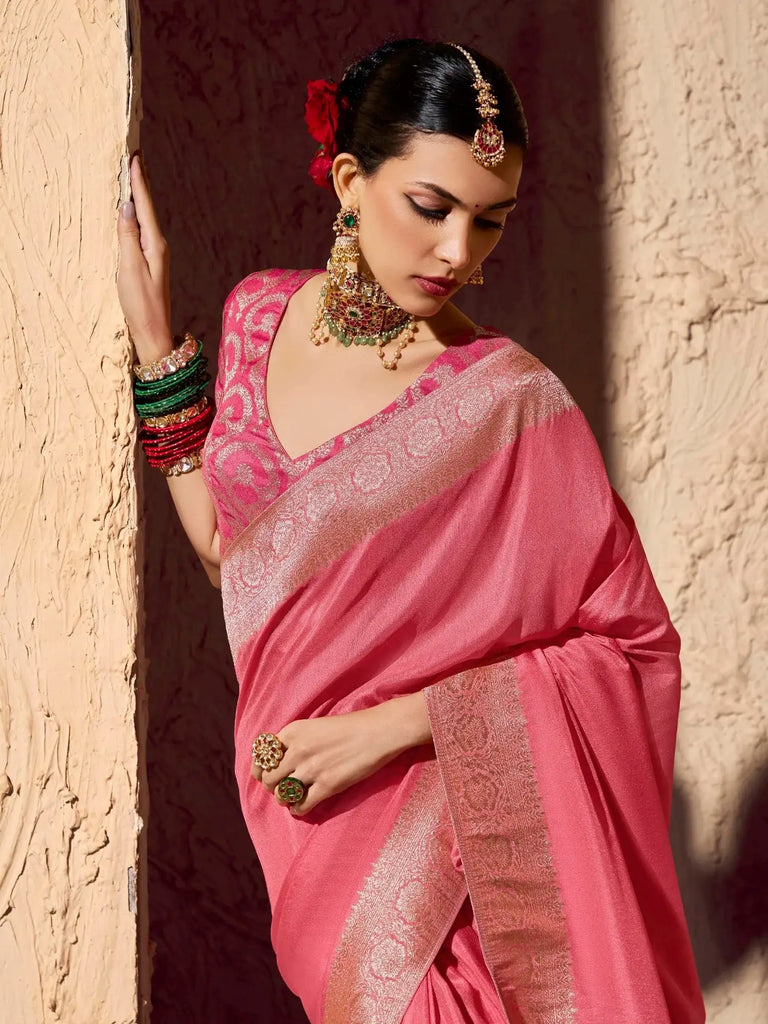 Fabulous Pink Zari Weaving Georgette Festive Wear Saree With Blouse