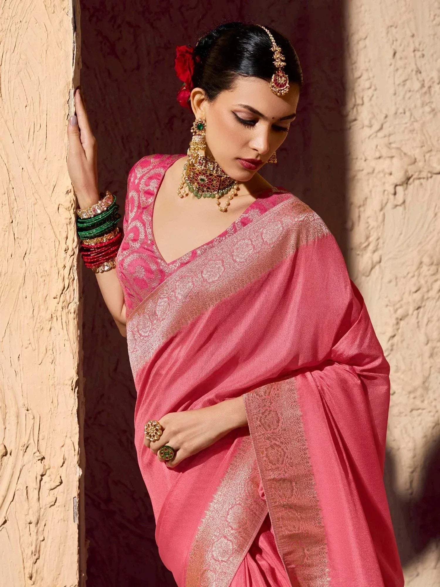 Fabulous Pink Zari Weaving Georgette Festive Wear Saree With Blouse